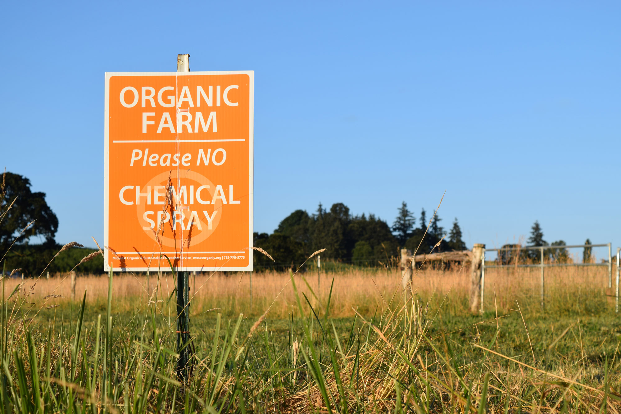 Organic farming sign in agricultural field.