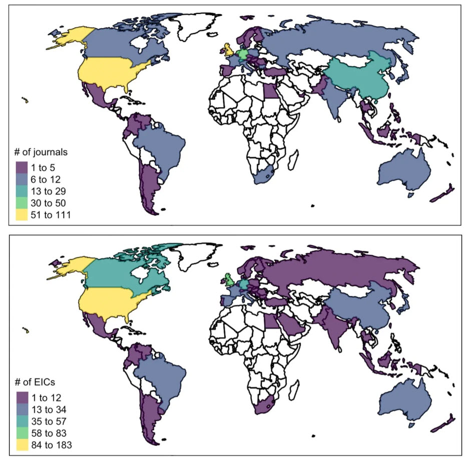The locations of the journals and their editors-in-chief were found to be concentrated in just a few parts of the world the same ones with the best outcomes in peer review. Credit: Michigan State University Ecology, Evolution and Behavior Program